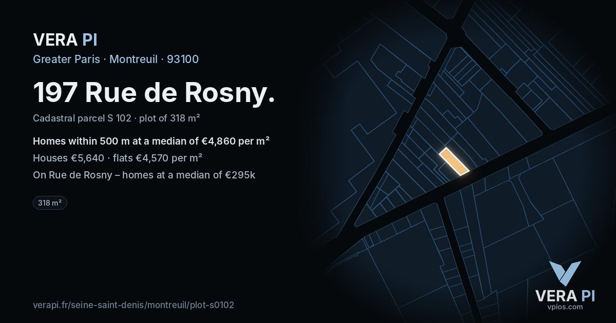 197 Rue de Rosny, Montreuil at night – the plot lit, the parcels around coloured by the prices near them