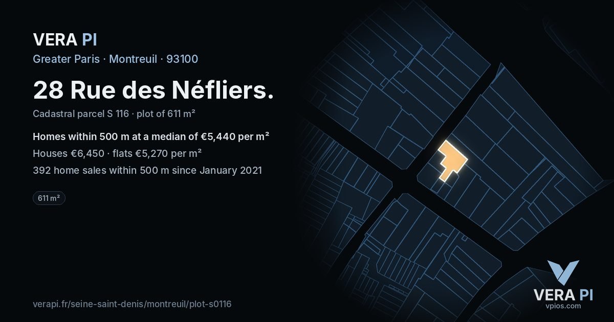 28 Rue des Néfliers, Montreuil at night – the plot lit, the parcels around coloured by the prices near them
