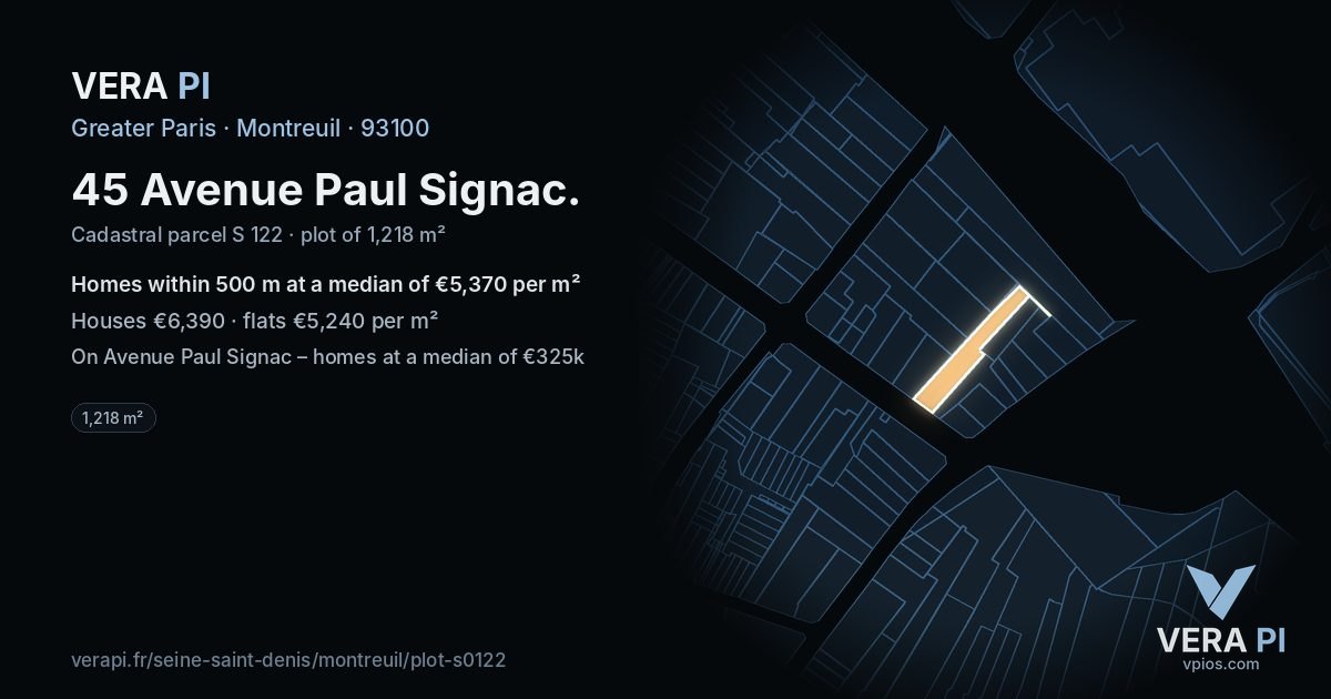 45 Avenue Paul Signac, Montreuil at night – the plot lit, the parcels around coloured by the prices near them