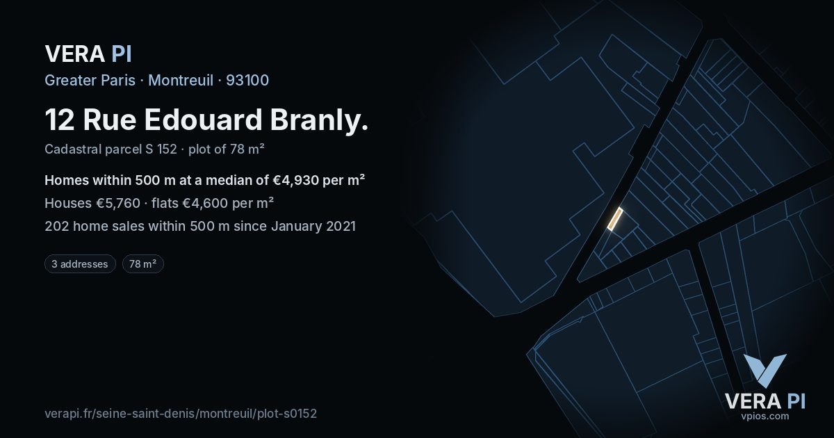 12 Rue Edouard Branly, Montreuil at night – the plot lit, the parcels around coloured by the prices near them