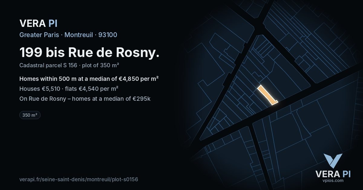 199 bis Rue de Rosny, Montreuil at night – the plot lit, the parcels around coloured by the prices near them