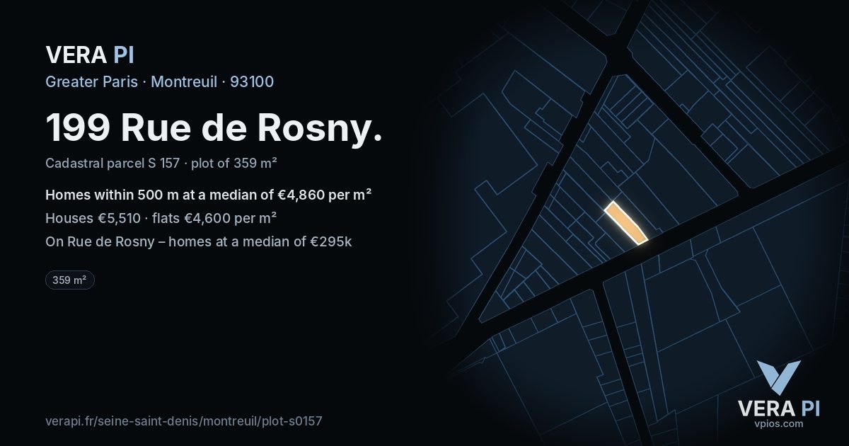 199 Rue de Rosny, Montreuil at night – the plot lit, the parcels around coloured by the prices near them