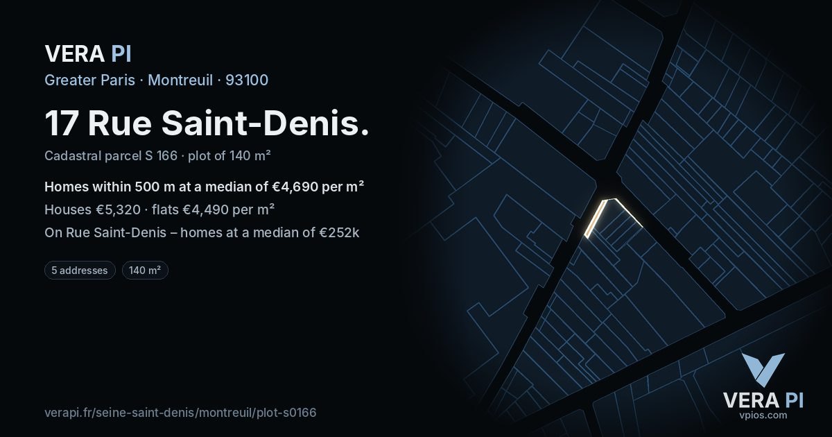 17 Rue Saint-Denis, Montreuil at night – the plot lit, the parcels around coloured by the prices near them