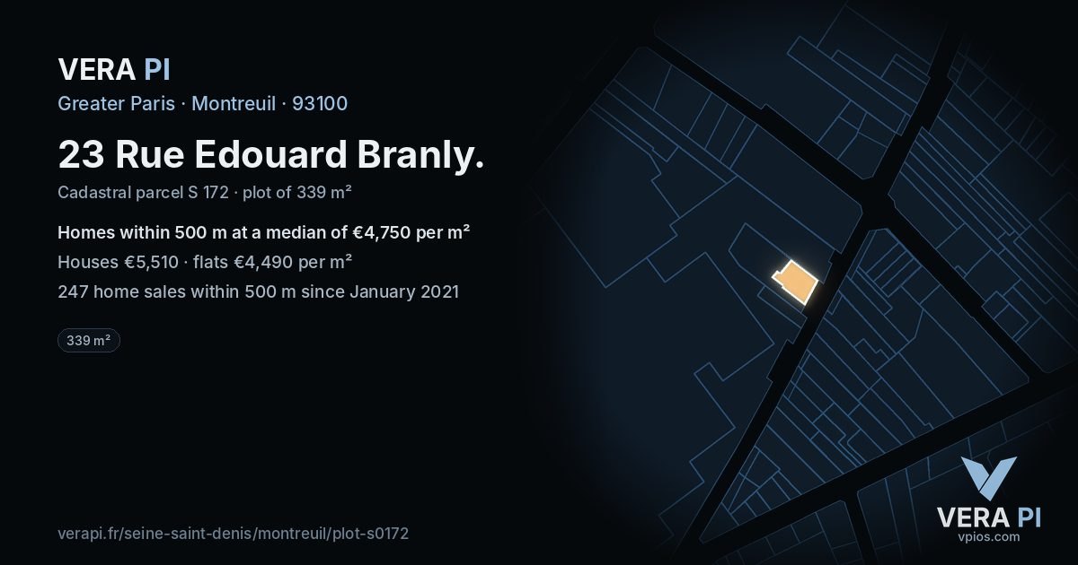 23 Rue Edouard Branly, Montreuil at night – the plot lit, the parcels around coloured by the prices near them