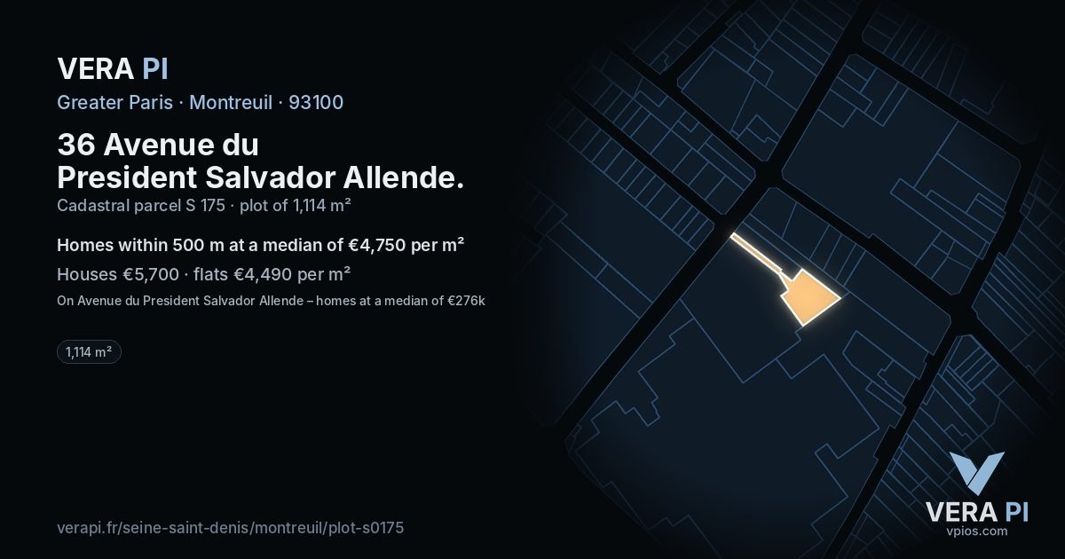 36 Avenue du President Salvador Allende, Montreuil at night – the plot lit, the parcels around coloured by the prices near them
