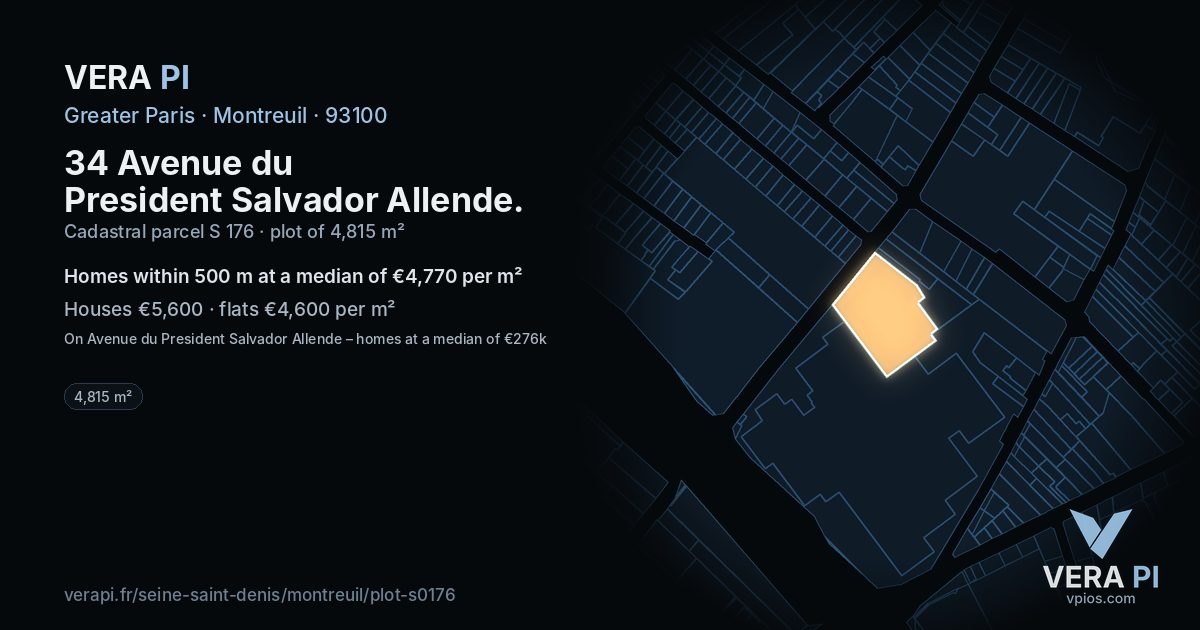34 Avenue du President Salvador Allende, Montreuil at night – the plot lit, the parcels around coloured by the prices near them