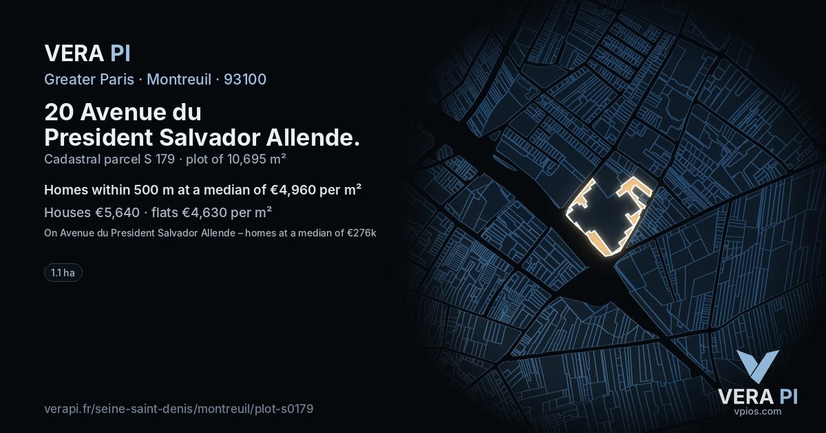20 Avenue du President Salvador Allende, Montreuil at night – the plot lit, the parcels around coloured by the prices near them