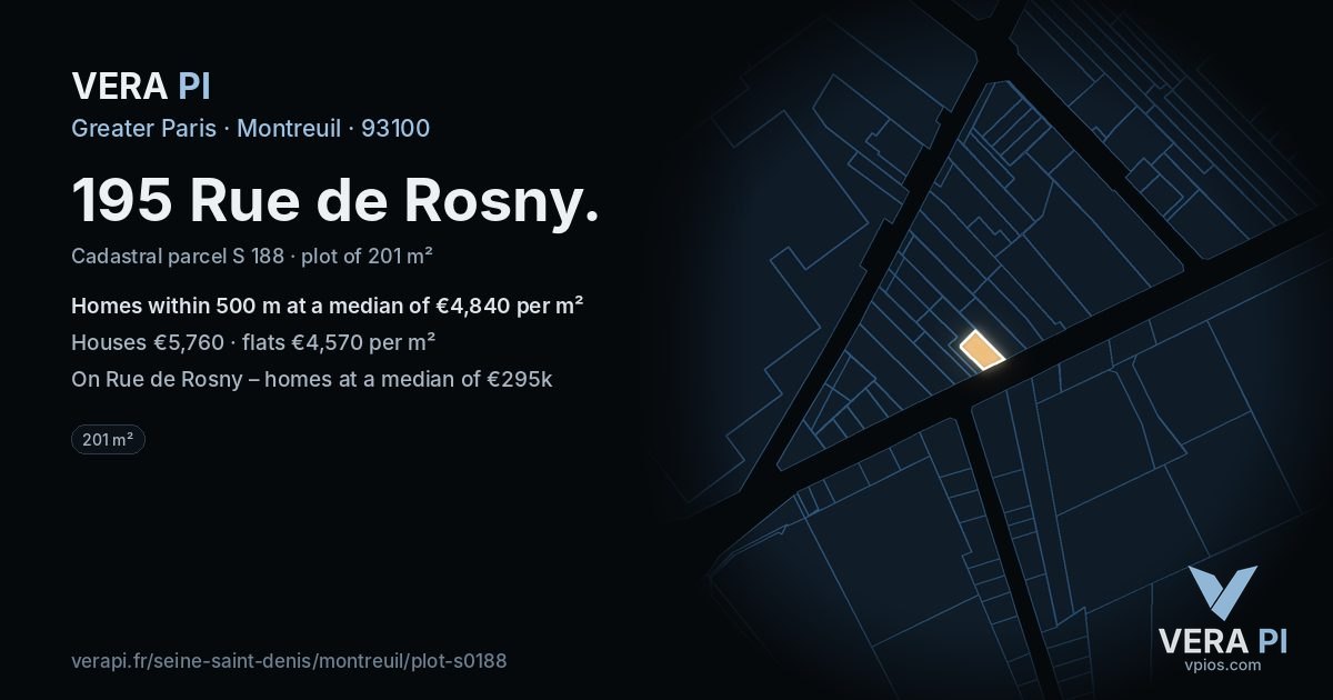 195 Rue de Rosny, Montreuil at night – the plot lit, the parcels around coloured by the prices near them