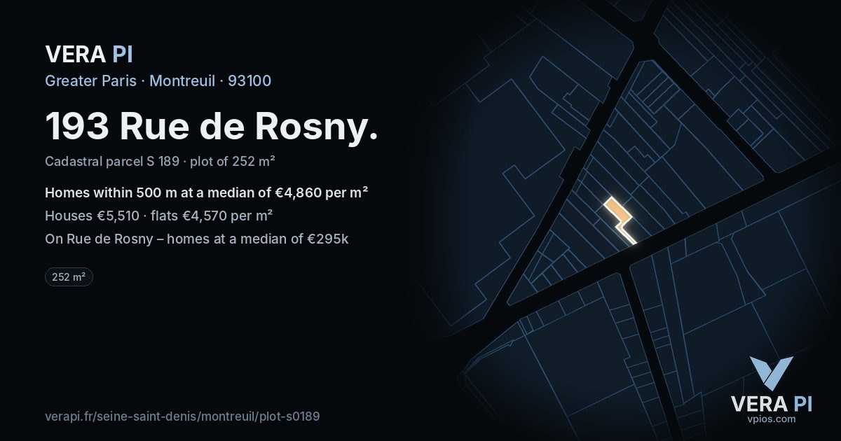 193 Rue de Rosny, Montreuil at night – the plot lit, the parcels around coloured by the prices near them