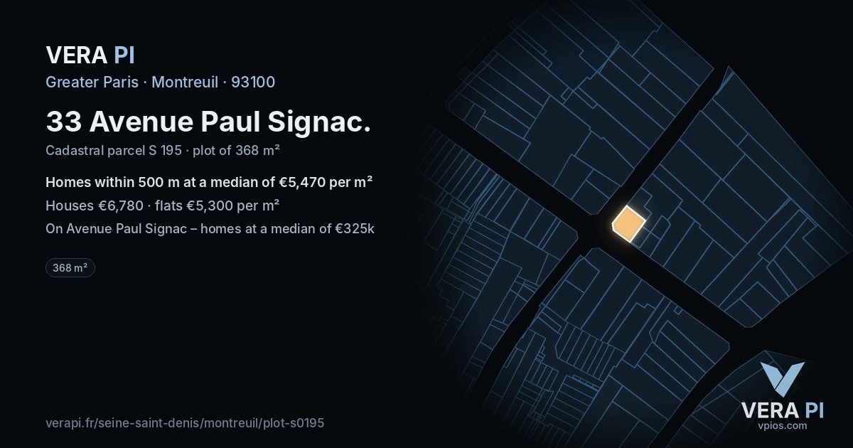33 Avenue Paul Signac, Montreuil at night – the plot lit, the parcels around coloured by the prices near them