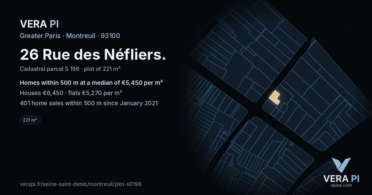 26 Rue des Néfliers, Montreuil at night – the plot lit, the parcels around coloured by the prices near them