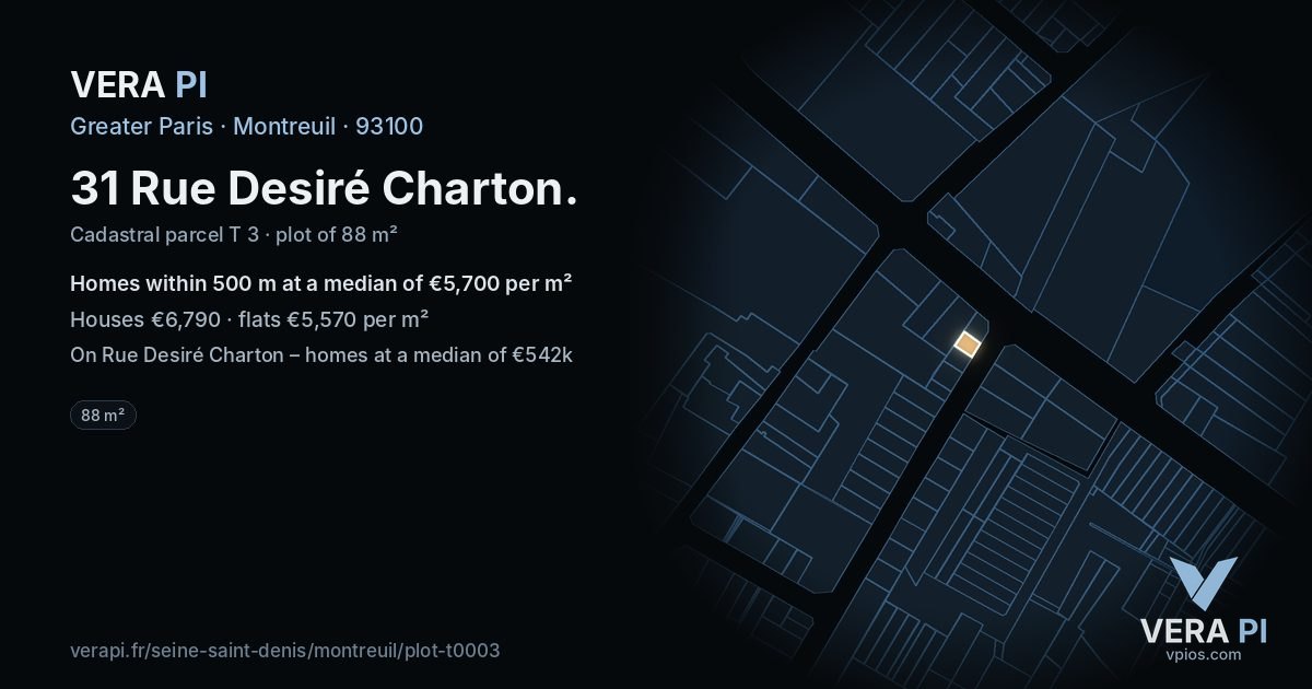 31 Rue Desiré Charton, Montreuil at night – the plot lit, the parcels around coloured by the prices near them