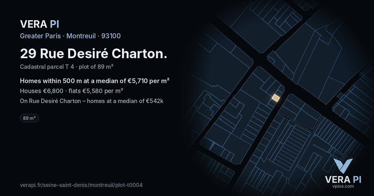 29 Rue Desiré Charton, Montreuil at night – the plot lit, the parcels around coloured by the prices near them
