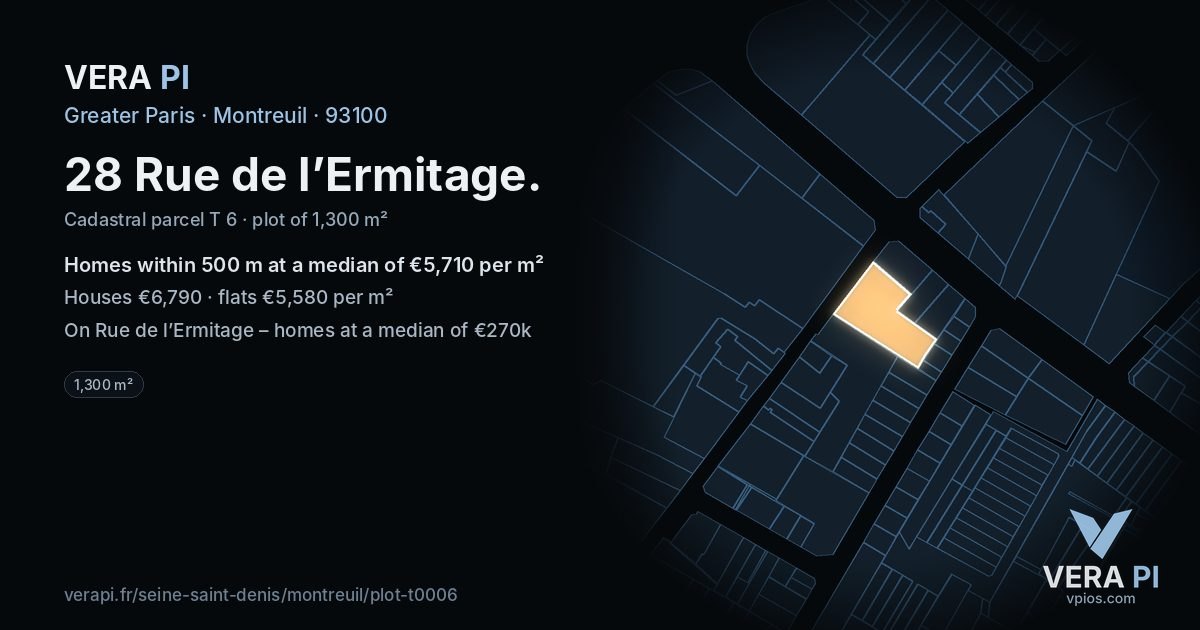 28 Rue de l’Ermitage, Montreuil at night – the plot lit, the parcels around coloured by the prices near them