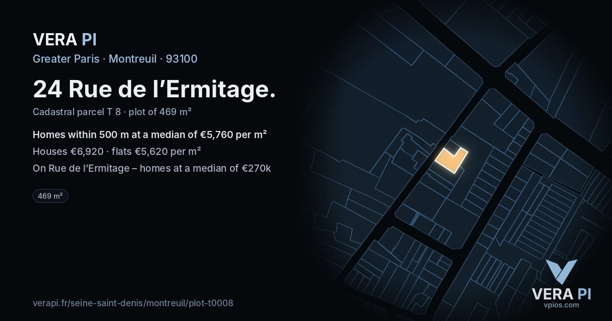 24 Rue de l’Ermitage, Montreuil at night – the plot lit, the parcels around coloured by the prices near them