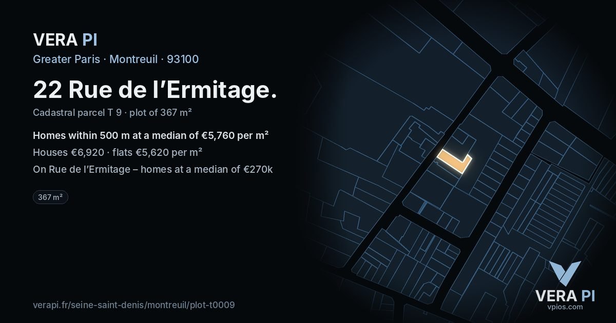 22 Rue de l’Ermitage, Montreuil at night – the plot lit, the parcels around coloured by the prices near them
