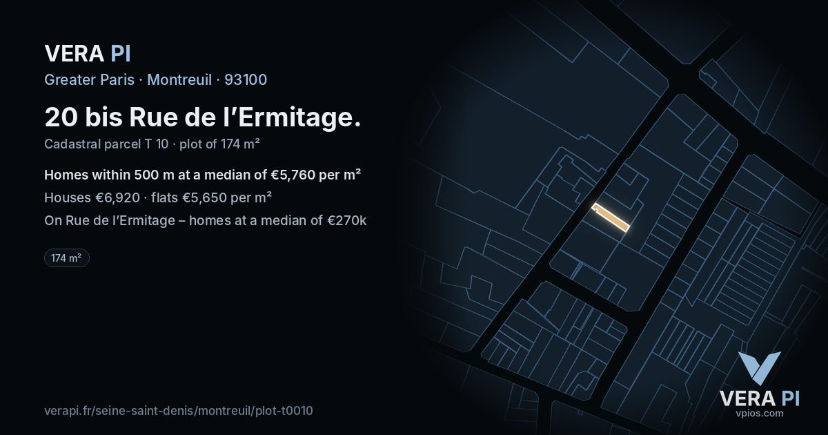 20 bis Rue de l’Ermitage, Montreuil at night – the plot lit, the parcels around coloured by the prices near them