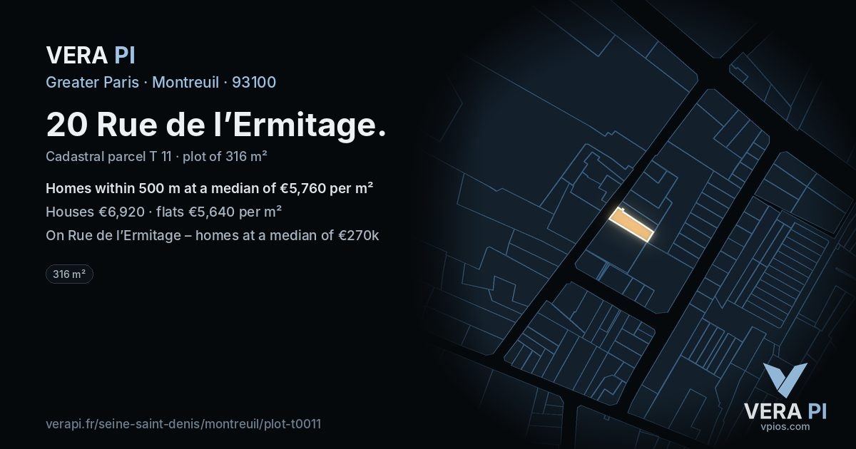 20 Rue de l’Ermitage, Montreuil at night – the plot lit, the parcels around coloured by the prices near them