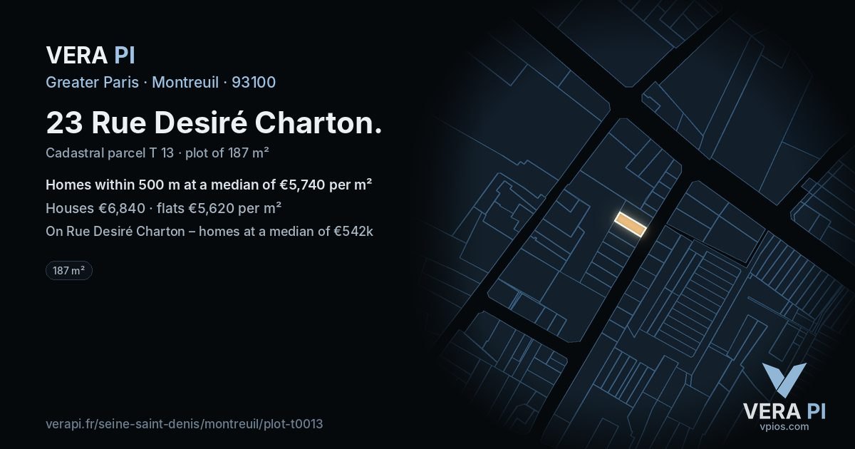 23 Rue Desiré Charton, Montreuil at night – the plot lit, the parcels around coloured by the prices near them