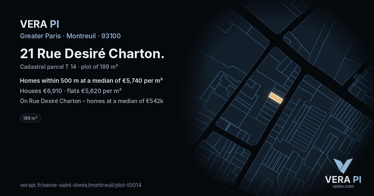 21 Rue Desiré Charton, Montreuil at night – the plot lit, the parcels around coloured by the prices near them