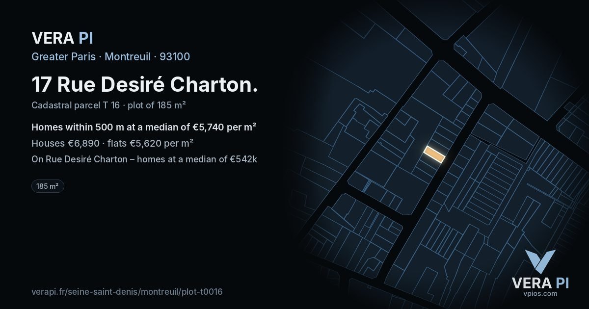 17 Rue Desiré Charton, Montreuil at night – the plot lit, the parcels around coloured by the prices near them