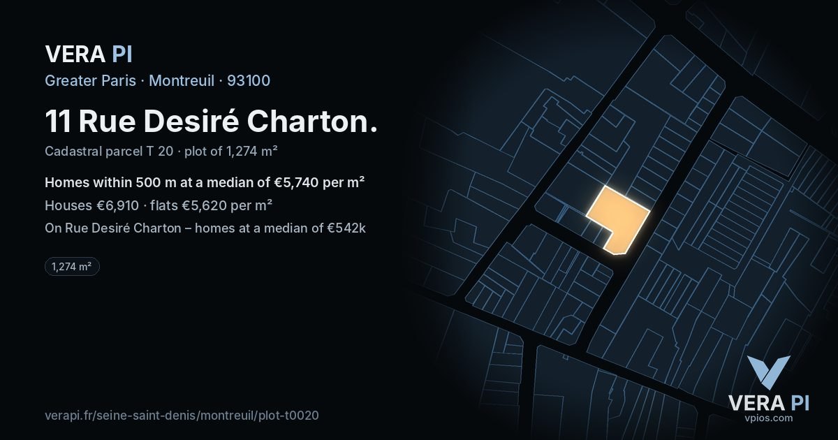 11 Rue Desiré Charton, Montreuil at night – the plot lit, the parcels around coloured by the prices near them