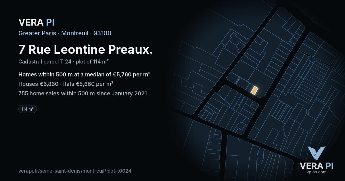 7 Rue Leontine Preaux, Montreuil at night – the plot lit, the parcels around coloured by the prices near them