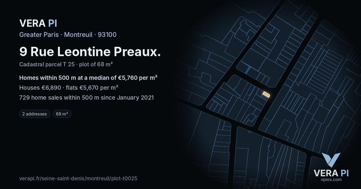 9 Rue Leontine Preaux, Montreuil at night – the plot lit, the parcels around coloured by the prices near them