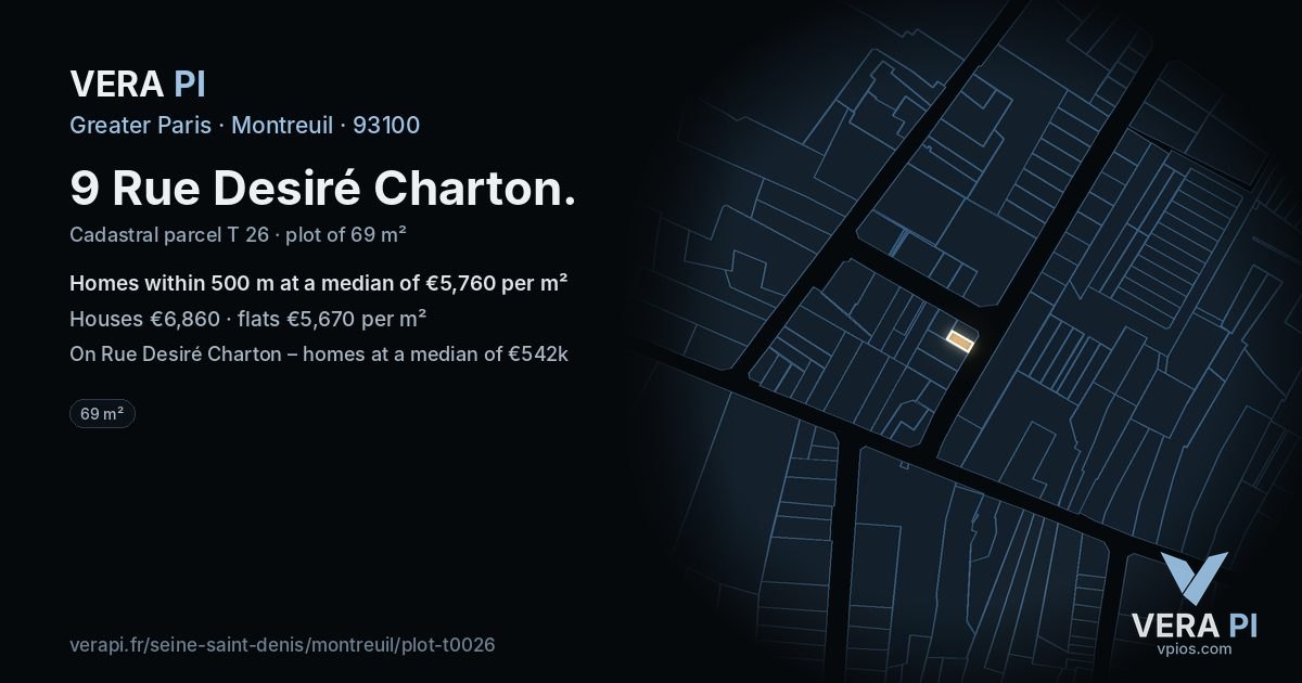 9 Rue Desiré Charton, Montreuil at night – the plot lit, the parcels around coloured by the prices near them