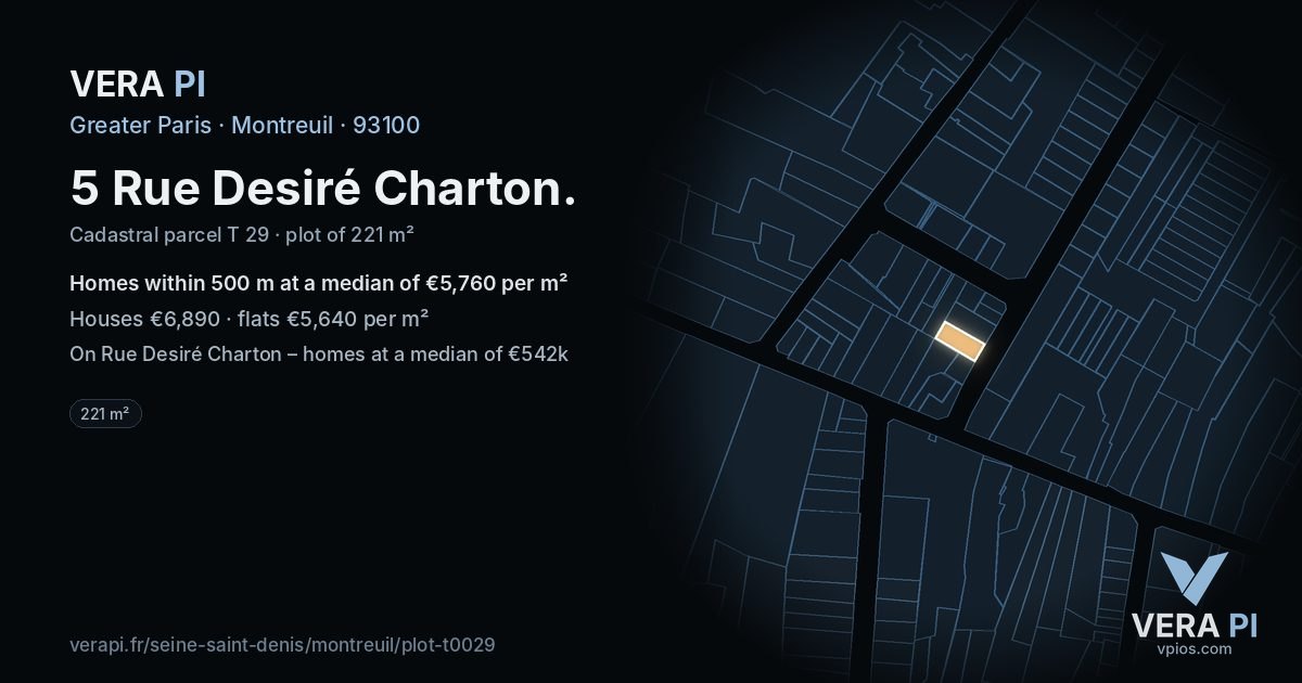 5 Rue Desiré Charton, Montreuil at night – the plot lit, the parcels around coloured by the prices near them