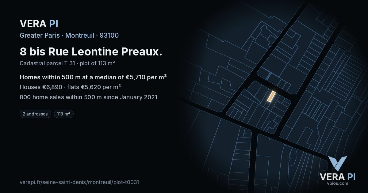 8 bis Rue Leontine Preaux, Montreuil at night – the plot lit, the parcels around coloured by the prices near them