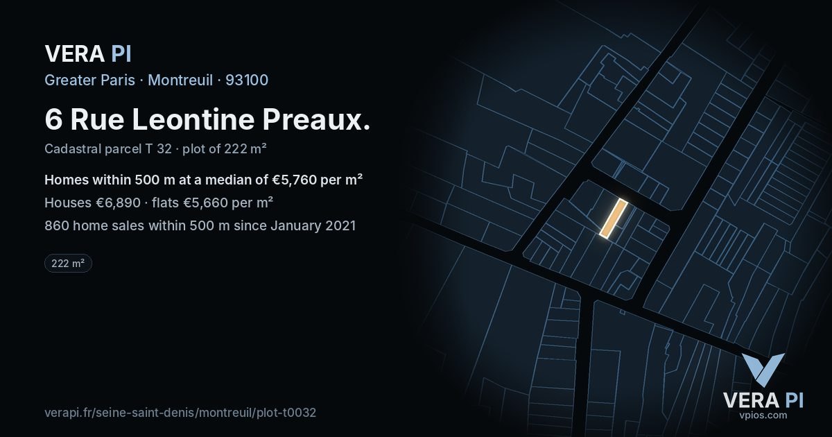 6 Rue Leontine Preaux, Montreuil at night – the plot lit, the parcels around coloured by the prices near them