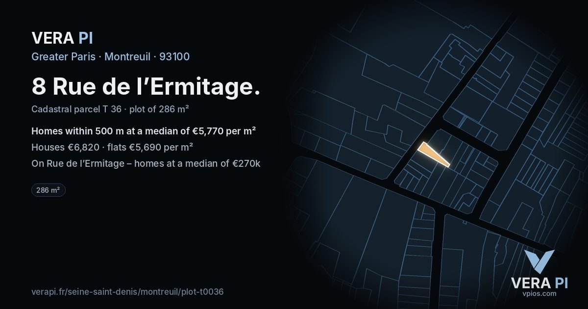 8 Rue de l’Ermitage, Montreuil at night – the plot lit, the parcels around coloured by the prices near them