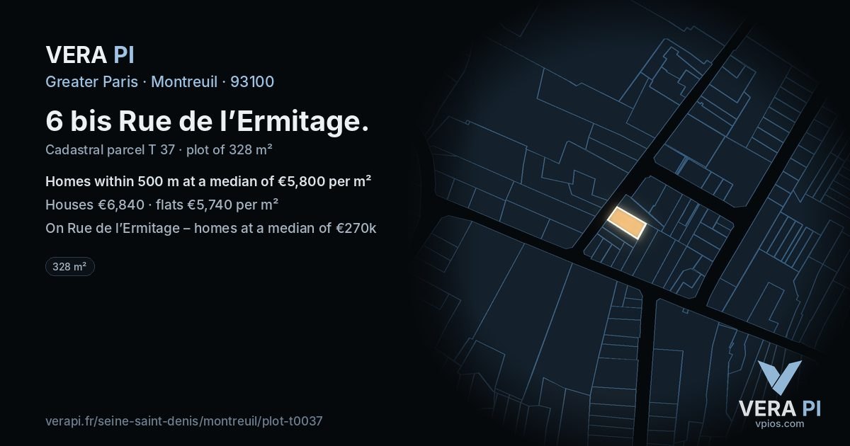 6 bis Rue de l’Ermitage, Montreuil at night – the plot lit, the parcels around coloured by the prices near them