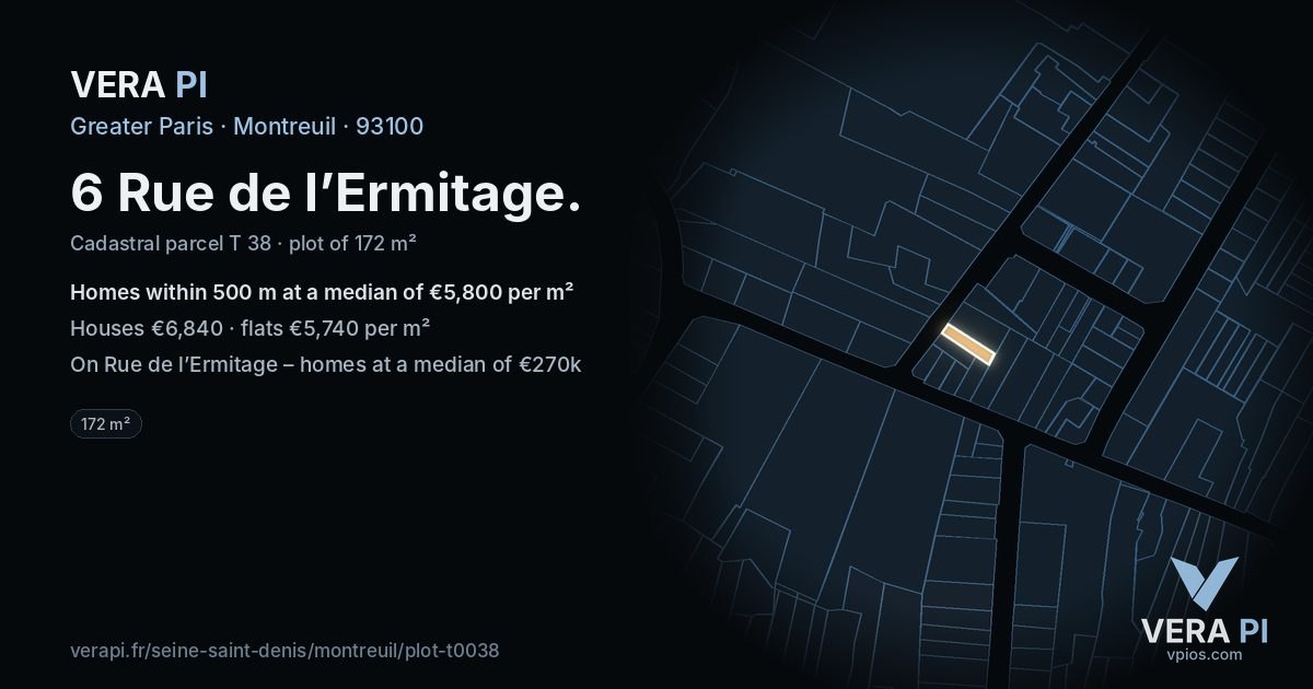 6 Rue de l’Ermitage, Montreuil at night – the plot lit, the parcels around coloured by the prices near them