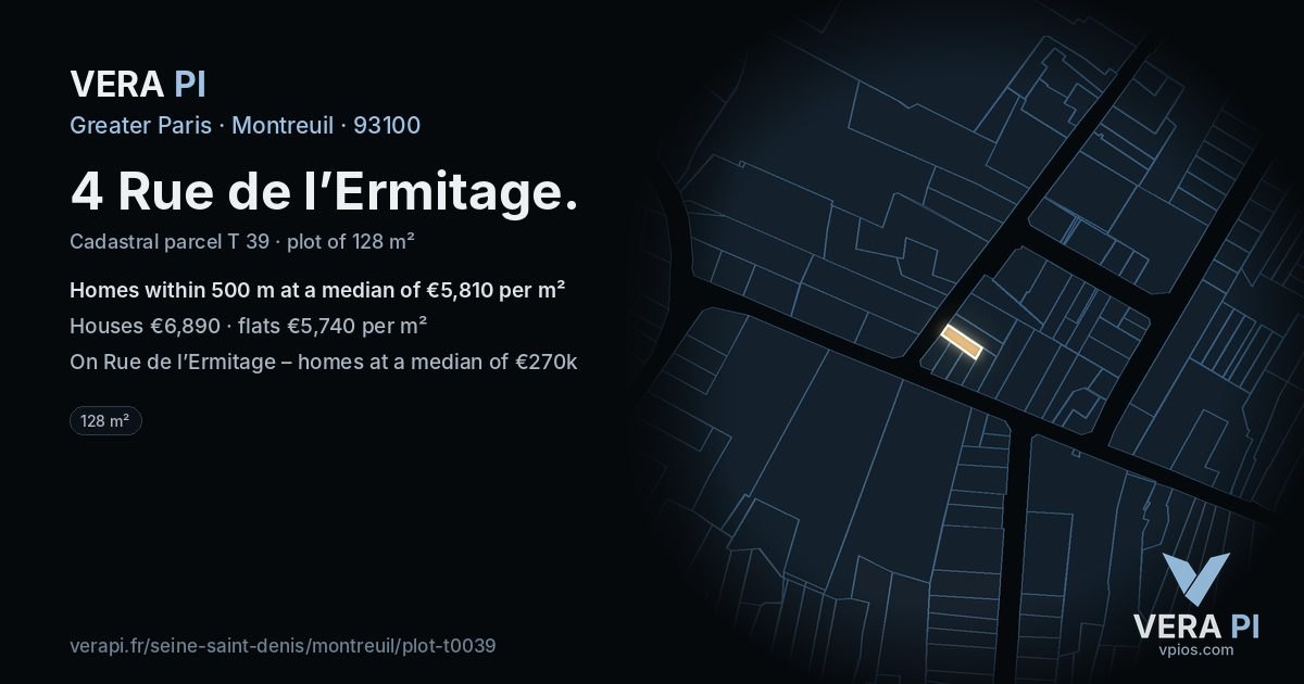 4 Rue de l’Ermitage, Montreuil at night – the plot lit, the parcels around coloured by the prices near them