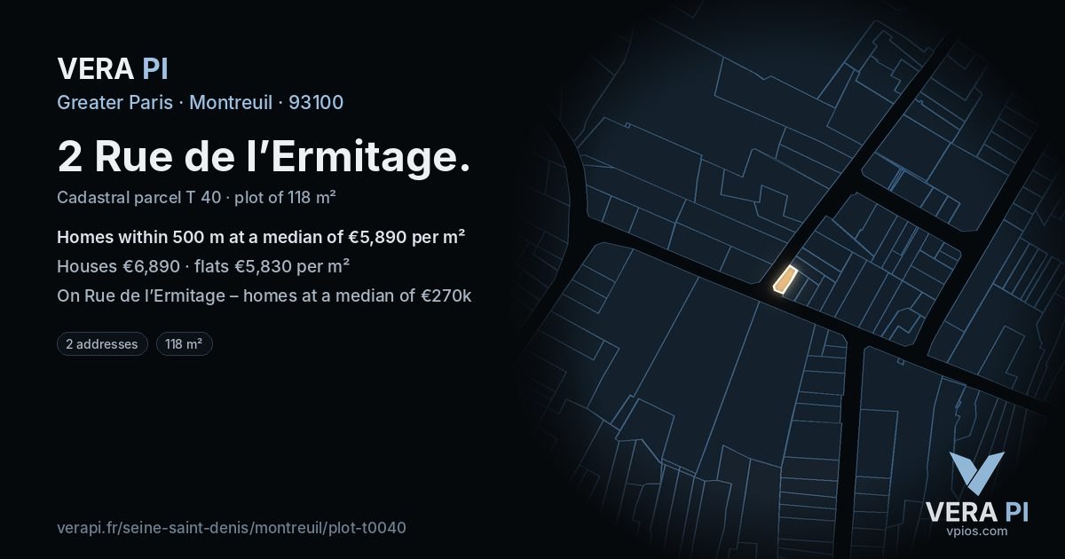 2 Rue de l’Ermitage, Montreuil at night – the plot lit, the parcels around coloured by the prices near them