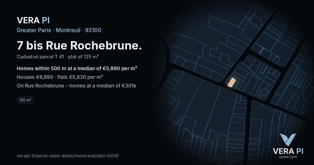 7 bis Rue Rochebrune, Montreuil at night – the plot lit, the parcels around coloured by the prices near them