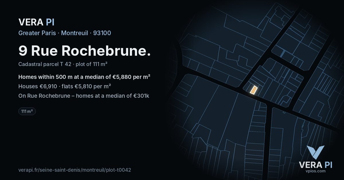 9 Rue Rochebrune, Montreuil at night – the plot lit, the parcels around coloured by the prices near them