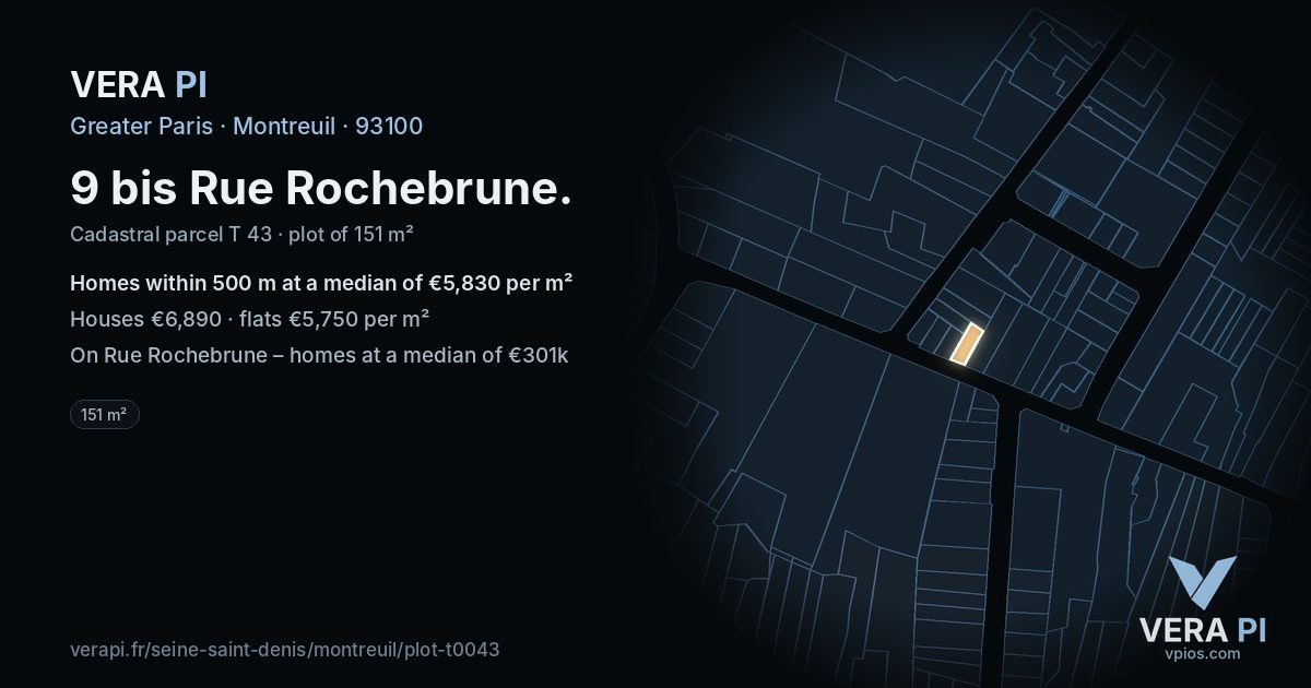 9 bis Rue Rochebrune, Montreuil at night – the plot lit, the parcels around coloured by the prices near them