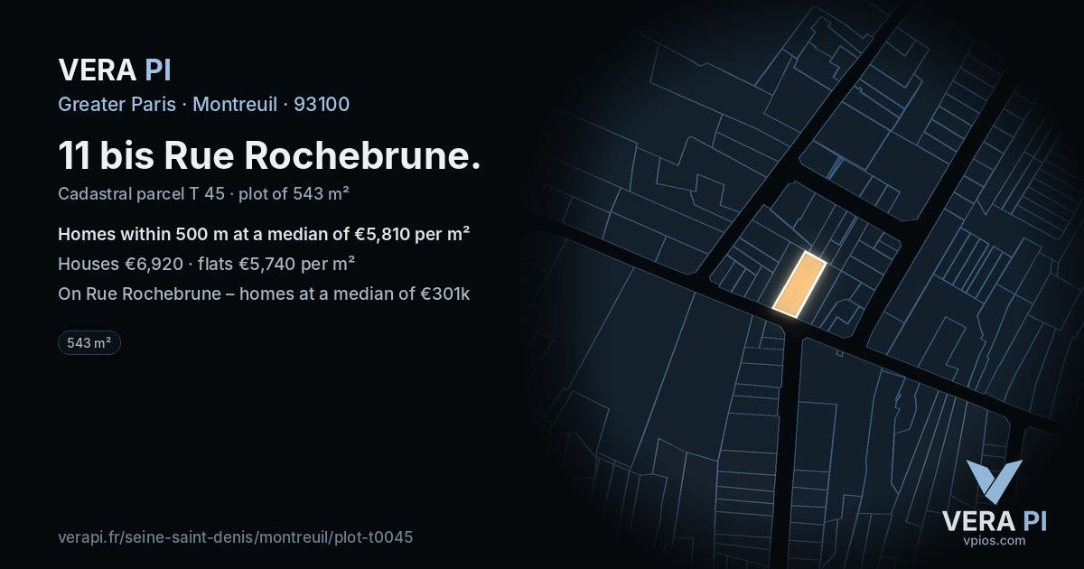 11 bis Rue Rochebrune, Montreuil at night – the plot lit, the parcels around coloured by the prices near them