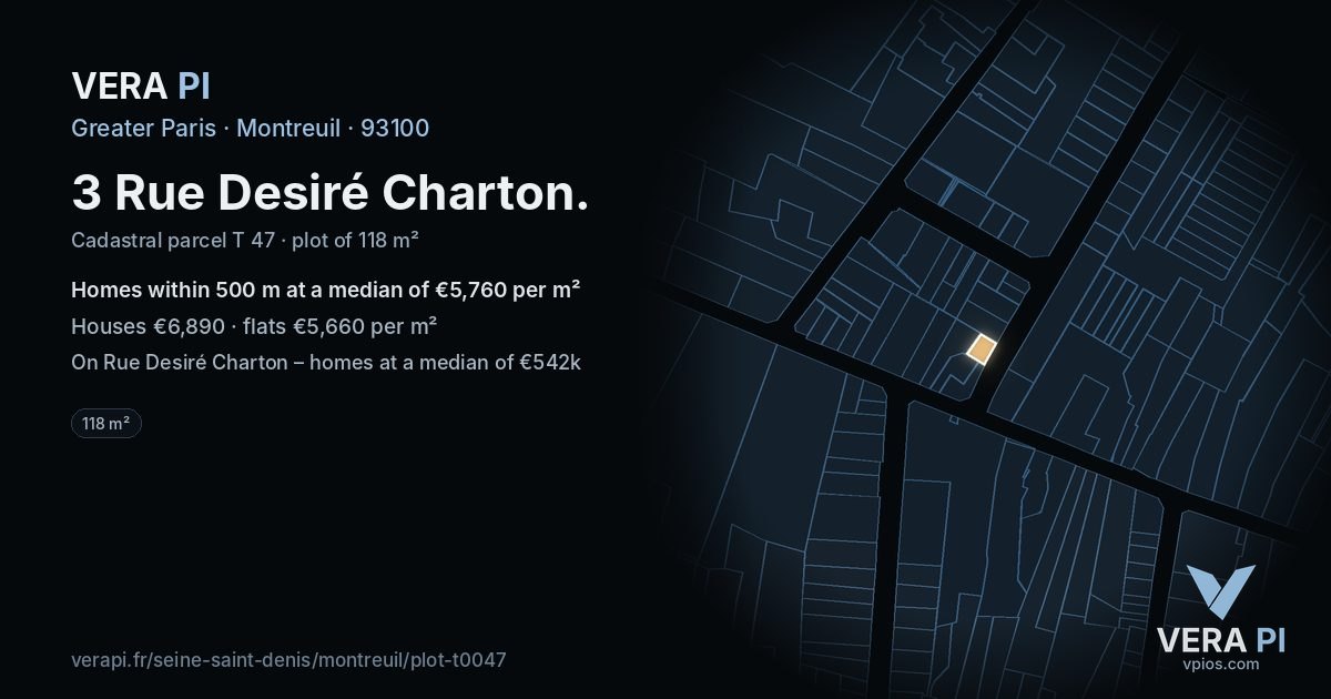 3 Rue Desiré Charton, Montreuil at night – the plot lit, the parcels around coloured by the prices near them