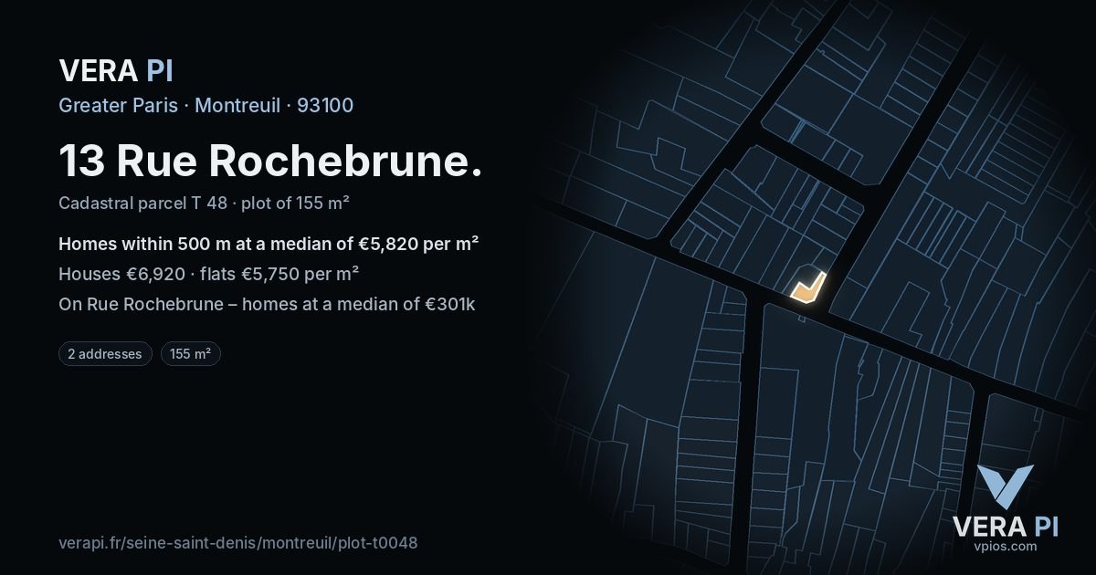 13 Rue Rochebrune, Montreuil at night – the plot lit, the parcels around coloured by the prices near them