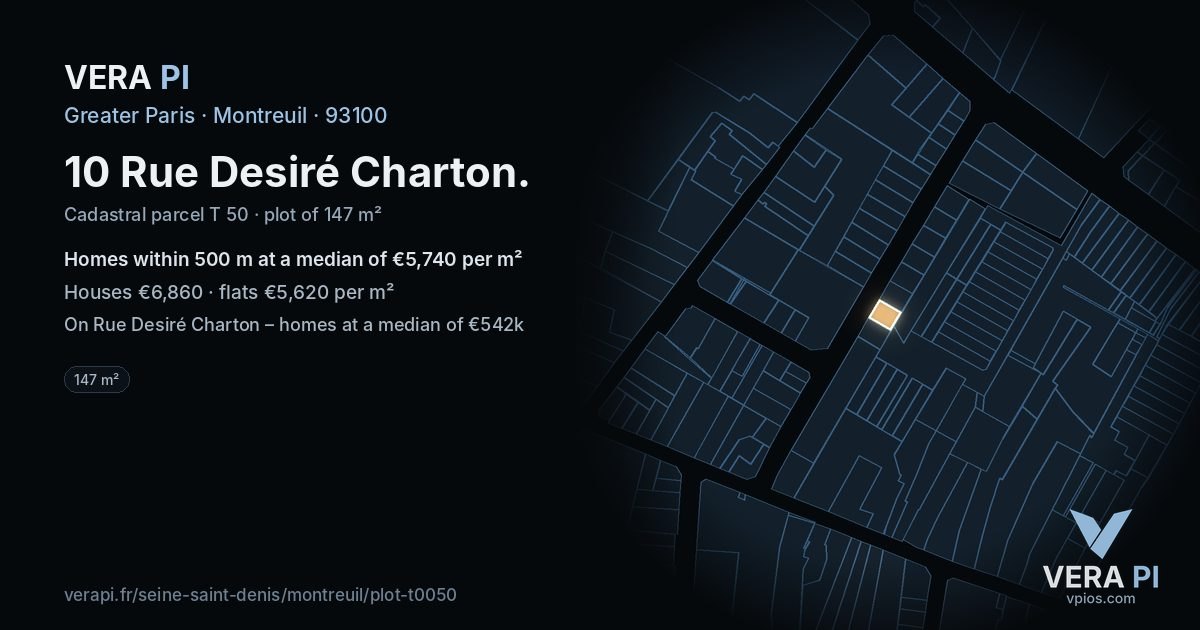 10 Rue Desiré Charton, Montreuil at night – the plot lit, the parcels around coloured by the prices near them