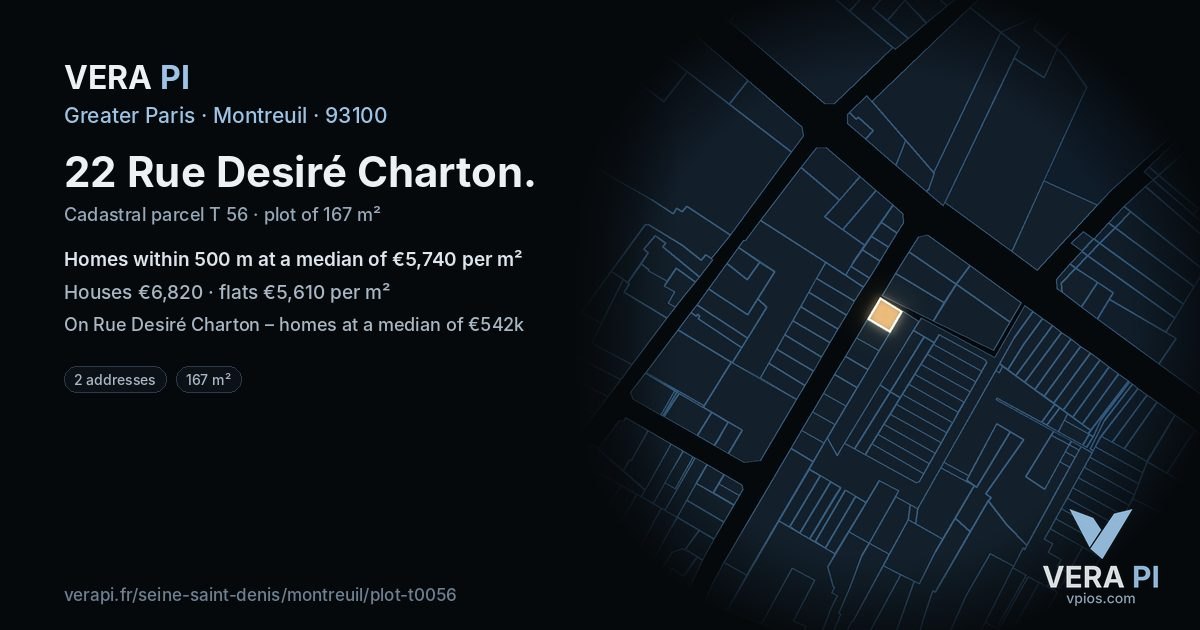 22 Rue Desiré Charton, Montreuil at night – the plot lit, the parcels around coloured by the prices near them