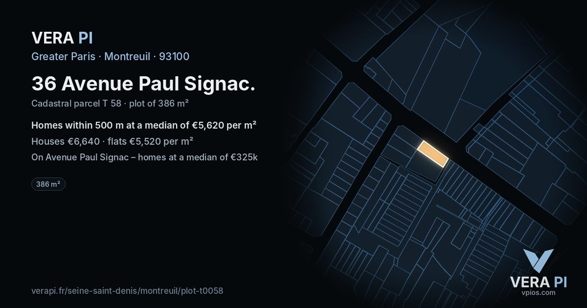 36 Avenue Paul Signac, Montreuil at night – the plot lit, the parcels around coloured by the prices near them