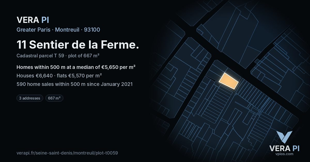 11 Sentier de la Ferme, Montreuil at night – the plot lit, the parcels around coloured by the prices near them