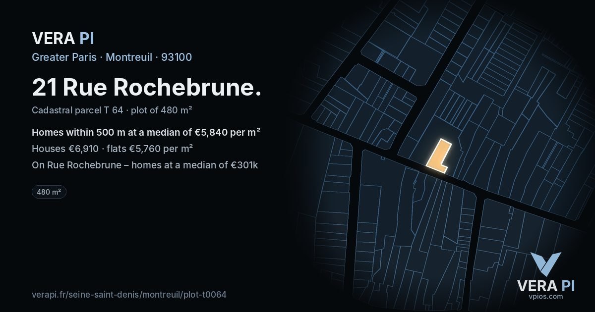 21 Rue Rochebrune, Montreuil at night – the plot lit, the parcels around coloured by the prices near them