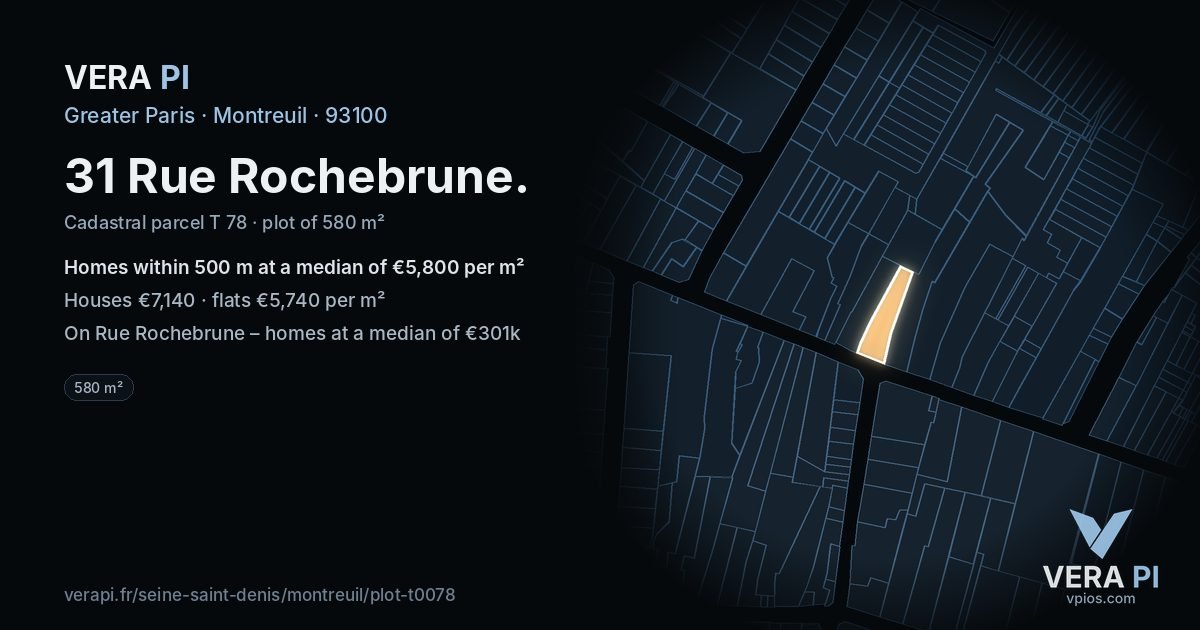31 Rue Rochebrune, Montreuil at night – the plot lit, the parcels around coloured by the prices near them