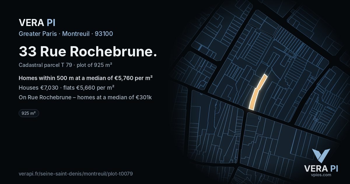 33 Rue Rochebrune, Montreuil at night – the plot lit, the parcels around coloured by the prices near them